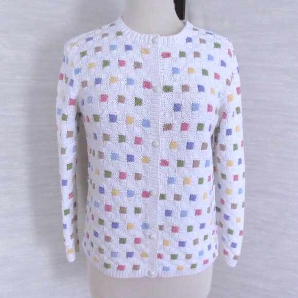 Nordstrom Cotton Ramie White Pastel Squares Geometric Intarsia Knit Cardigan - Picture 2 of 7